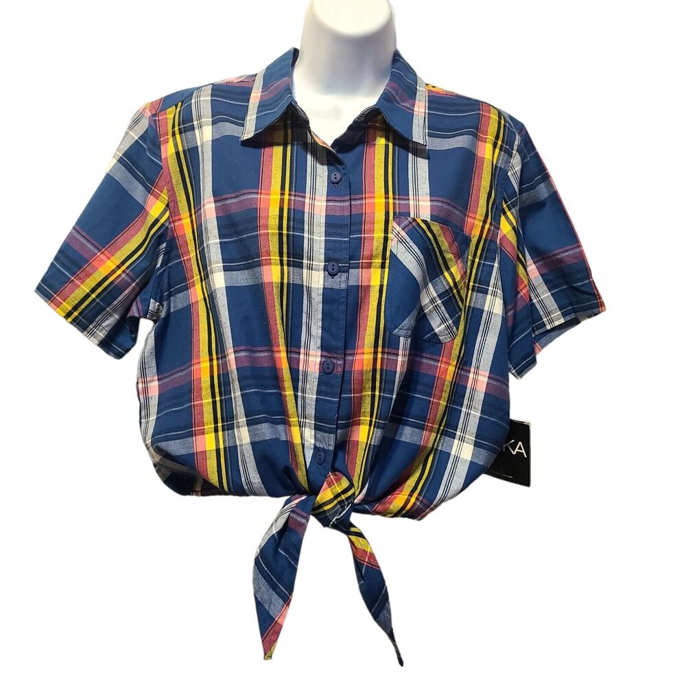 ERIKA Womens Button Up Shirt  Sz L Multi Color Pltaaid NWT Vintage